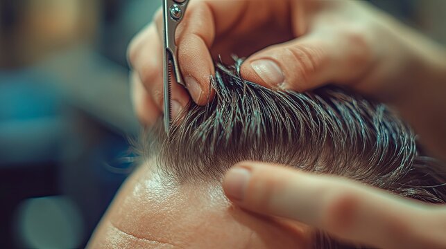 A barber expertly trims a man's hair with precision.