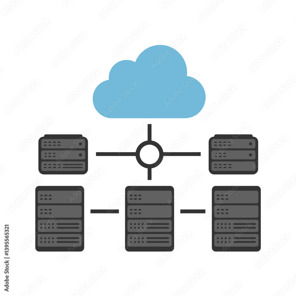 Poster cloud-based data ecosystem: a sophisticated illustration showcasing interconnected servers linked to