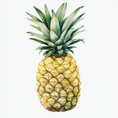 Watercolor Painting of a Ripe Yellow Pineapple on White Background