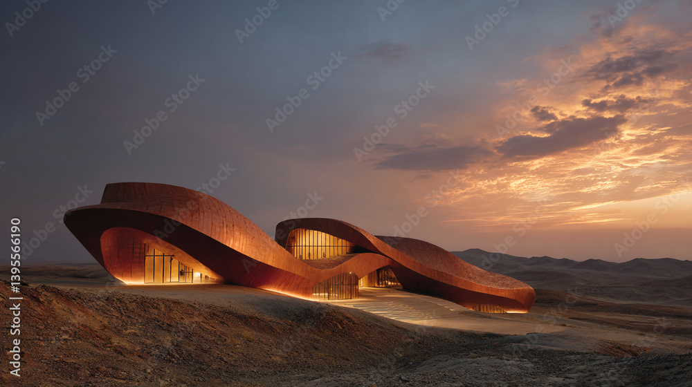 Poster curved brown building at sunset in desert landscape, showcasing unique architecture integrated with 