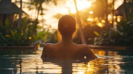 Serene sunset silhouette of a woman in a tranquil pool surrounded by lush tropical foliage