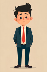 Cartoon businessman in suit and red tie with confused expression on his face. Simple character design for business concepts and emotions