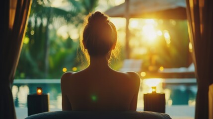Serene sunset view of a woman relaxing by a pool, surrounded by nature and candles