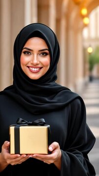 miling woman in black hijab holding gold gift box, joyful emotion. Celebration moment, festive occasion, generosity concept. Use for Ramadan, Eid, holiday ads, Middle Eastern themes. Photo image.