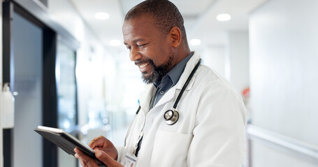 Hospital, doctor and black man on tablet for online consulting, medical service and diagnosis....