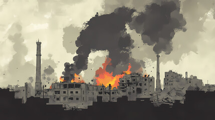 Devastated urban landscape: smoke and flames rise over a war-torn city, highlighting the impact of conflict and destruction on infrastructure and communities. Echoing Loss. Illustration