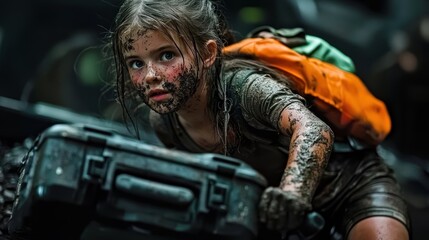 A muddy child with an orange backpack struggles to carry a black case in a rugged outdoor setting