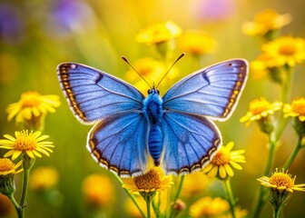 Obraz premium Vibrant Blue and Yellow Butterfly with Open Wings in a Sunny Meadow Landscape