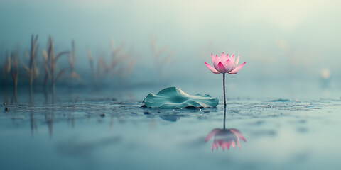 Fototapeta premium A serene pink lotus flower rises gracefully from a calm, misty pond, embodying tranquility and natural beauty.