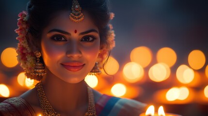 Young woman adorned in traditional attire, holding candles amidst a festive background of lights