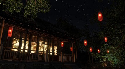 Serene night scene of a traditional house illuminated by red lanterns under a starry sky