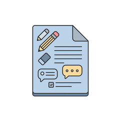 Document Illustration: A neat vector illustration depicts a document, adorned with elements representing writing, communication, and planning in a straightforward and modern design.