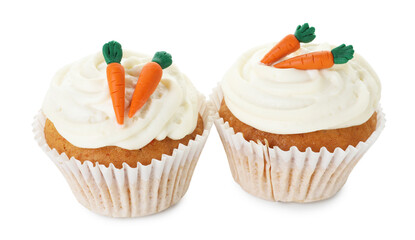 Delicious carrot cupcakes isolated on white. Yummy dessert