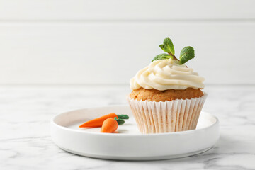 Delicious carrot cupcake with mint on white marble table, closeup