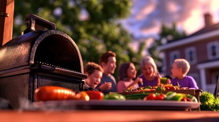 Family gathering around a barbecue grill enjoying a summer cookout in a backyard setting