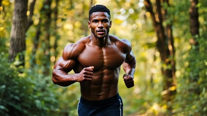 Well-muscled black man running thru the green forest