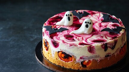 Spooky Halloween cake with ghost decorations and bat accents on a dark background