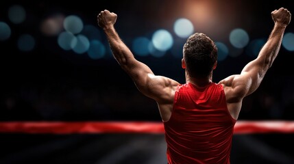 Celebrating Victory A Muscular Athlete Raises Arms in Triumph After Winning a Race at Night
