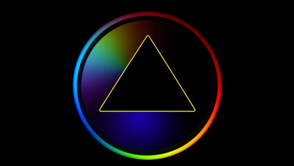 Glowing triangular outline sits within a circular gradient spectrum, radiating vibrant colors against a matte black background
