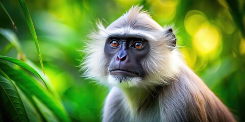 Obraz premium Sri Lanka's gray langurs: endangered primates caught in a long exposure, showcasing their ethereal beauty within their natural habitat.