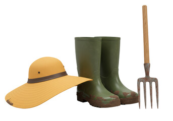 Isolated Gardening Tools Hat Boots and Fork with Soil
