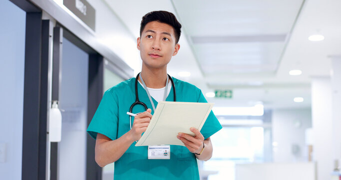 Nurse, thinking and man with chart in healthcare for patient report, medical checklist and health information. Medicine, asian person and paperwork for insurance, diagnosis results and file in clinic