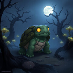Cartoon zombie turtle wandering through a mysterious, misty landscape