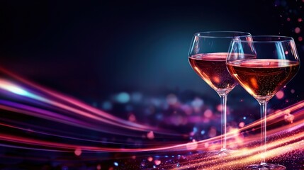 Two elegant wine glasses filled with sparkling ros? against a vibrant, colorful background