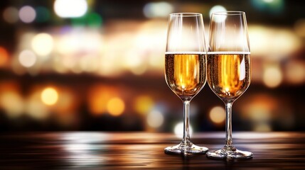 Two elegant champagne glasses on a wooden table, with a blurred festive background ambiance