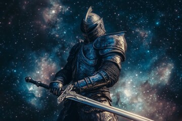 Naklejka premium A swordsman in armor with a sword standing against a backdrop of sparkling stars. Anime