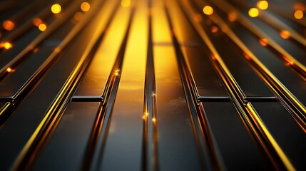 Abstract close-up of metallic surface with glowing lines and reflections, evoking a futuristic feel
