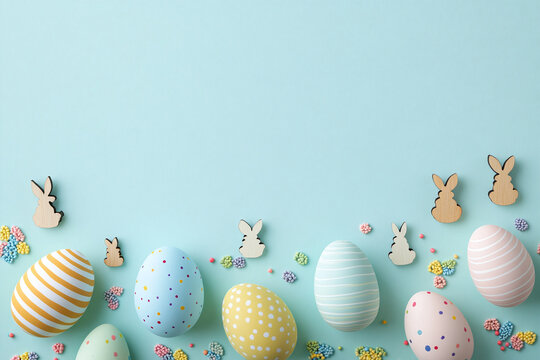 Colorful Decorative Eggs with Wooden Rabbits on a Blue Background for Celebration