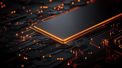 Abstract close-up of a glowing circuit board with intricate patterns and vibrant orange lights