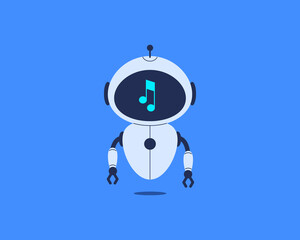 Robot with music note displayed on screen. Vector illustration for AI, sound recognition, music tech and digital assistant design