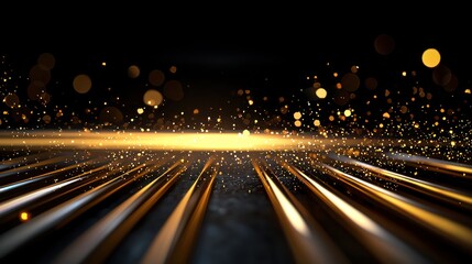 Abstract golden light beams and sparkling particles create a magical atmosphere in darkness