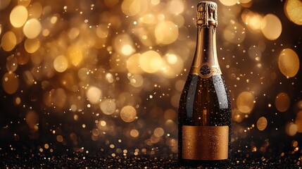 Sparkling champagne bottle against a shimmering golden bokeh background, perfect for celebrations