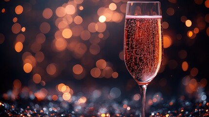 Sparkling pink beverage in elegant glass, festive background with shimmering lights