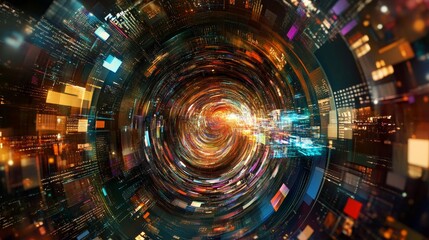 Fototapeta premium Abstract digital art showing a swirling tunnel with bright colors and geometric shapes.