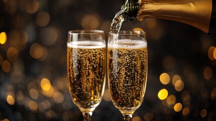 Two sparkling champagne glasses being filled against a blurred background of golden lights