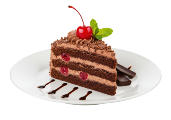 Isolated Slice of Chocolate Cherry Cake with Cherry Topping