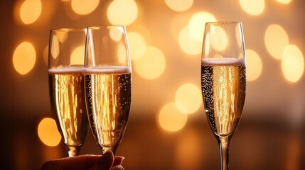 Three champagne flutes clinking in celebration against a blurred golden bokeh background