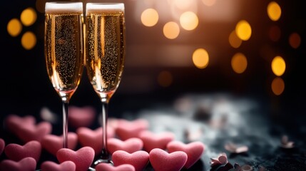 Two champagne glasses with bubbles on a romantic table scattered with pink hearts and soft lights