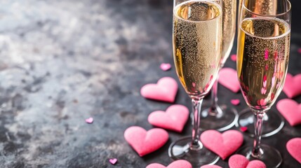 Romantic celebration with champagne glasses and pink heart-shaped candies on a textured surface