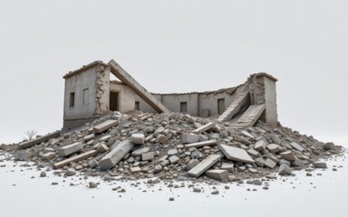 A dilapidated structure lies atop a mound of debris against a stark background