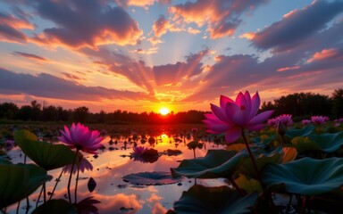 A serene sunset over a tranquil pond, featuring vibrant pink lotus flowers and reflective water