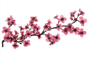 A webpage banner of fresh bright pink cherry blossom flowers on a tree branch in spring, sakura springtime season, isolated against a white background