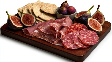 A beautifully arranged charcuterie board featuring cured meats, figs, and crackers on a wooden platter