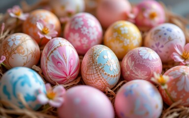 Fototapeta premium A vibrant collection of intricately decorated eggs surrounded by floral elements in a straw nest