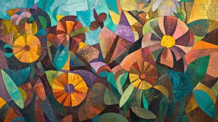 Abstract painting of flowers and foliage in vibrant colors and geometric shapes.