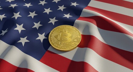 Gold bitcoin coin displayed on an american flag, ideal for cryptocurrency, finance, USAthemed concept designs, web graphics, and presentations.